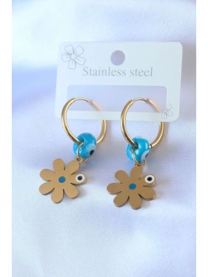 ® 316L Çelik Gold Renk Çiçek Model Nazar Boncuk Detay Kadın Küpe