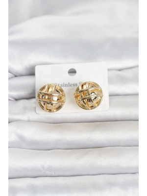 316L Çelik Gold Renk Desenli Top Model Kadın Küpe
