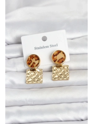 316L Çelik Gold Renk Leopar Desenli Plaka Model Kadın Küpe