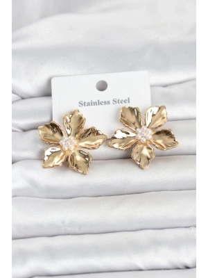316L Çelik Gold Renk Lotus Çiçek Model Kadın Küpe