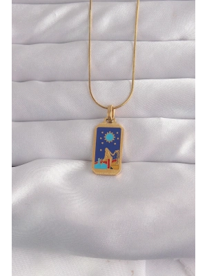 ® 316L Çelik Gold Renk Mavi Mineli Kız Figür Tarot Kolye