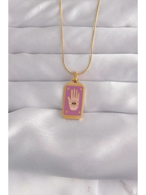 316L Çelik Gold Renk Mor Mineli El Figür Tarot Kolye