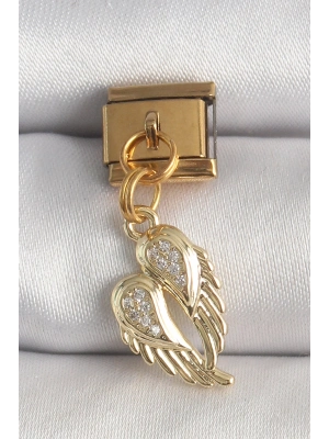 ® 316L Çelik Gold Renk Sallantı Zirkon Taşlı Kanat Model Nomination Charm