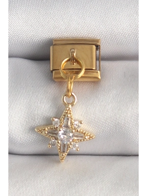 ® 316L Çelik Gold Renk Sallantı Zirkon Taşlı Kutup Yıldız Model Nomination Charm