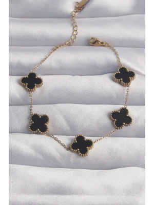 316L Çelik Gold Renk Siyah Mineli Yonca Bileklik