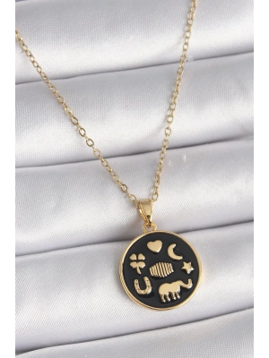 316L Çelik Gold Renk Siyah Şans Kolyesi