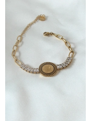 ® 316L Çelik Gold Renk Tam Altın Modelli Zirkon Taşlı Kadın Bileklik