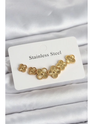 316L Çelik Gold Renk Yonca Küpe Seti