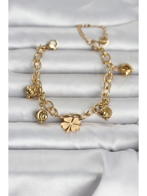 316L Çelik Gold Renk Yonca ve Dorikalı Kadın Bileklik