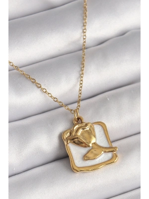 ® 316L Çelik Gold Renk Zincir Beyaz Mineli Gül Portre Model Kadın Kolye