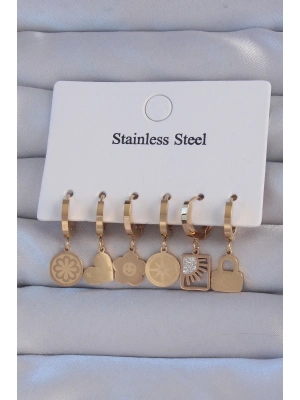 ® 316L Çelik Gold Renk Zirkon Taşlı Çiçek Figürlü Kalp Model Halka Küpe Seti