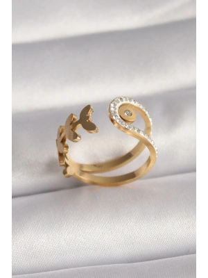 ® 316L Çelik Gold Renk Zirkon Taşlı Yaprak Model Kadın Yüzük