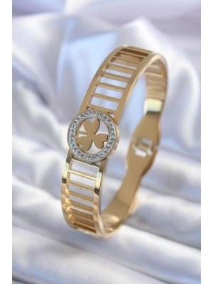 ® 316L Çelik Gold Renk Zirkon Taşlı Yonca Model Kadın Kelepçe