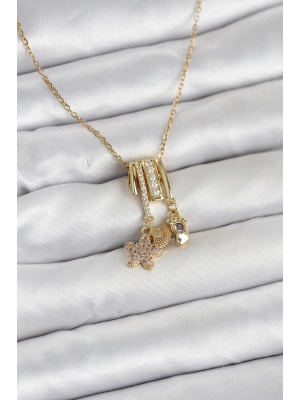 316L Çelik Gold Zirkon Taşlı Deniz Tema Charmlı Kadın Kolye