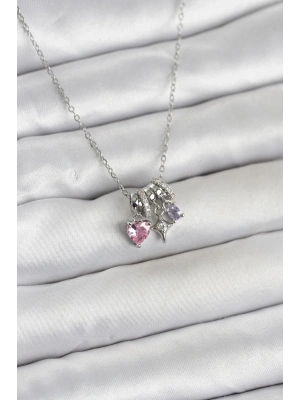 316L Çelik Gümüş Pembe Zirkon Taşlı Charmlı Kadın Kolye