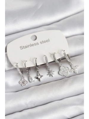 316L Çelik Gümüş Renk 6lı Set Yonca Model Kadın Küpe