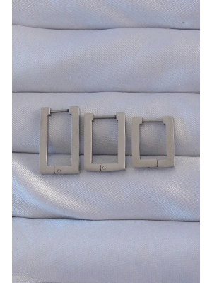 316L Çelik Gümüş Renk Dikdörtgen Küpe Seti