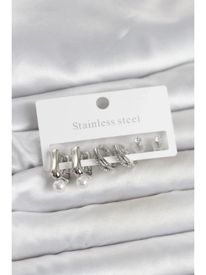 316L Çelik Gümüş Renk Kadın Küpe Seti