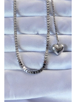 ® 316L Çelik Gümüş Renk Küp Zincirli Kalpli Kolye