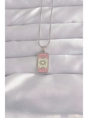 316L Çelik Gümüş Renk Pembe Mineli Ay Figür Tarot Kolye