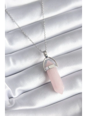 316L Çelik Gümüş Renk Pembe Taşlı Kadın Kolye