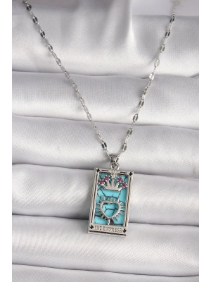 ® 316L Çelik Gümüş Renk Pembe Zirkon Taşlı Taç Kalp Portre Model Kadın Kole