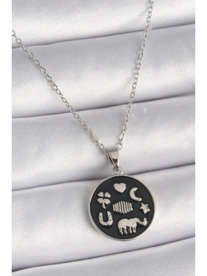 316L Çelik Gümüş Renk Siyah Renk Şans Kolyesi