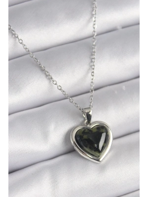 316L Çelik Gümüş Renk Yeşil Mineli Kalp Model Kadın Kolye