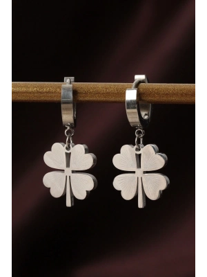 316L Çelik Gümüş Renk Yonca Küpe