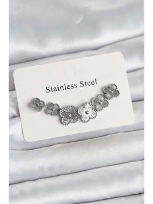 316L Çelik Gümüş Renk Yonca Küpe Seti