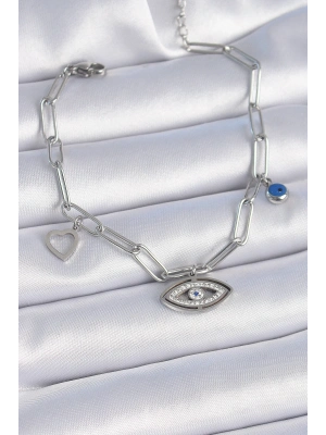 ® 316L Çelik Gümüş Renk Zirkon Taşlı Göz Figür Kalp Detay Kadın Bileklik