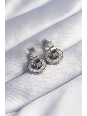 ® 316L Çelik Gümüş Renk Zirkon Taşlı İç İçe Geçmeli Oval Küpe