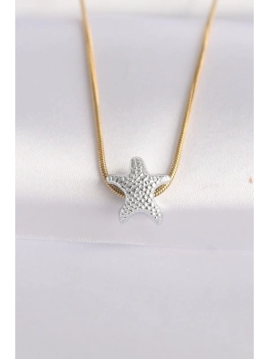 ® 316L Çelik Zincir Altın Renk Zincirli Gümüş Renk Deniz Yıldızı Tasarımlı Kolye