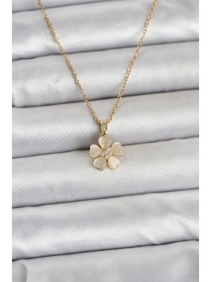 316L Çelik Zincir Gold Renk Yonca Model Kadın Kolye