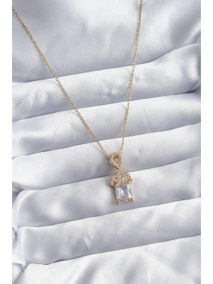 ® 316L Çelik Zincir Gold Renk Zirkon Taşlı Taç Model Kadın Kolye