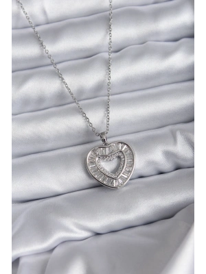 ® 316L Çelik Zincir Gümüş Renk Baget Zirkon Taşlı Kadın Kolye