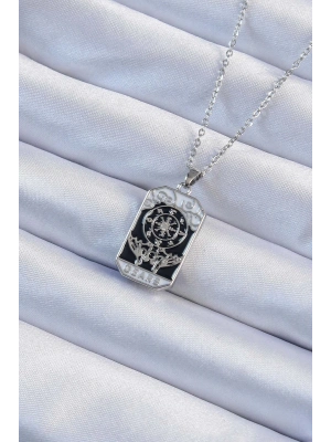 316L Çelik Zincir Gümüş Renk İşlemeli Siyah Mineli Tarot Kolye