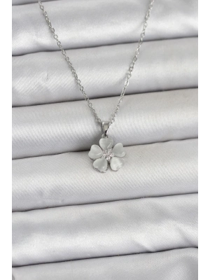 316L Çelik Zincir Gümüş Renk Yonca Model Kadın Kolye