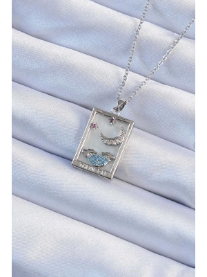 ® 316L Çelik Zincir Gümüş Renk Zirkon Taşlı Ay Figürlü Tarot Kolye