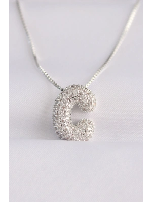 ® 316L Çelik Zincirli Zirkon Taşlı C Harfli Silver Renk Bubble Kolye