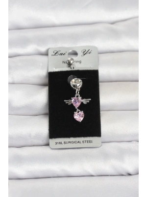 316L Cerrahi Çelik Pembe Zirkon Taşlı Kanat Model Göbek Piercing