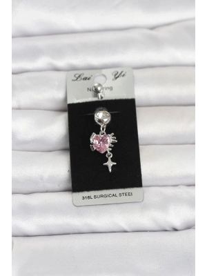 316L Cerrahi Çelik Pembe Zirkon Taşlı Model Göbek Piercing