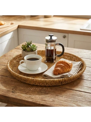 ®  35 cm Plastik Rattan Tepsi – Hasır Görünümlü Dekoratif Servis Tepsisi, Mutfak, Kahvaltı, Sunum ve Masaüstü Çok Amaçlı Organizer