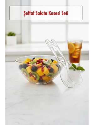 3,5 Lt Şeffaf Akrilik Salata Servis Kasesi ve Çatal Kaşık Seti - 3 Parça