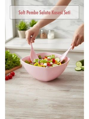 3,5 Lt Soft Pembe Akrilik Kare Salata ve Servis Kasesi Seti – 3 Parça