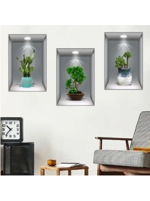® 3D Çiçek Vazo Duvar Sticker 3 lü Set GRİ Fon