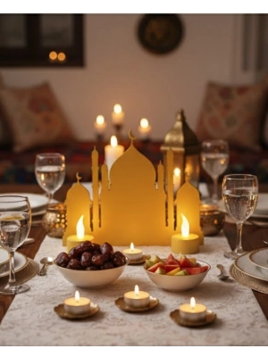 ® 3D İki Mumlu Cami Dekor 2 Pilli LED Mum Hediyeli Masa Üstü Süs