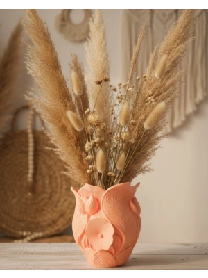 ® 3D Özel Baskı Turuncu Çiçekli Dekoratif Vazo Salon Ofis Dekoru