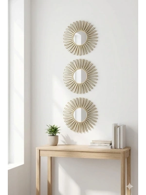 ® 3’lü Gold Güneş Desenli Duvar Aynası Seti 27 cm | Dekoratif Yuvarlak Ayna