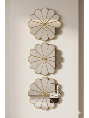 ® 3’lü Gold Güneş Desenli Duvar Aynası Seti 27 cm | Dekoratif Yuvarlak Ayna